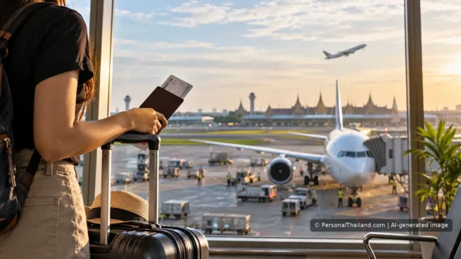 Flying from Thailand to Europe: Why Flight Times Change (illustration) Passenger with luggage overlooking a commercial aircraft at a Bangkok airport