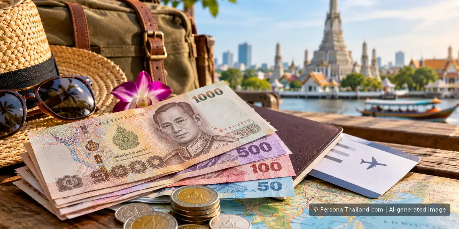 A Strong Thai Baht: What Exchange Rates Mean for Thailand Travel (illustration) Thai baht notes and coins beside travel documents on a Thailand trip