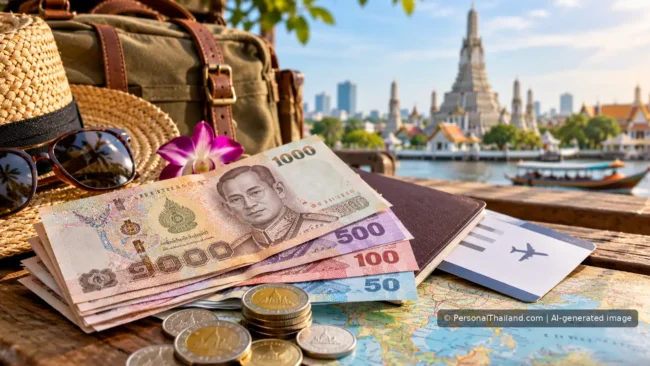 A Strong Thai Baht: What Exchange Rates Mean for Thailand Travel (illustration) Thai baht notes and coins beside travel documents on a Thailand trip