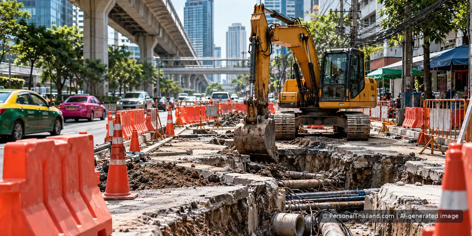 Road construction and excavator on an urban street in Bangkok