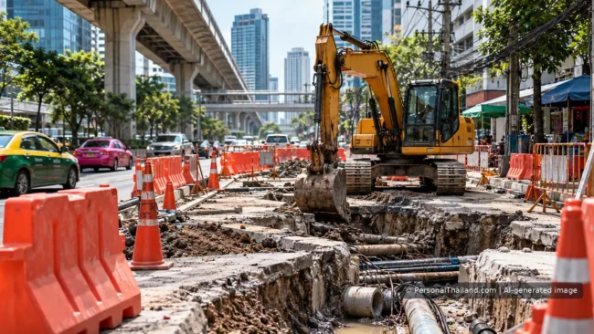 Road construction and excavator on an urban street in Bangkok