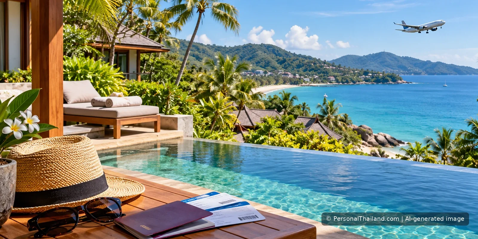 Phuket Hotels and Flights: How to Verify Availability Before Booking (illustration) Resort booking concept with Phuket coastal scenery and travel documents