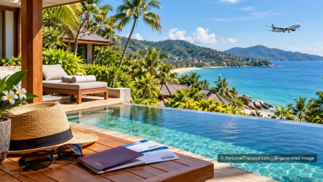 Resort booking concept with Phuket coastal scenery and travel documents