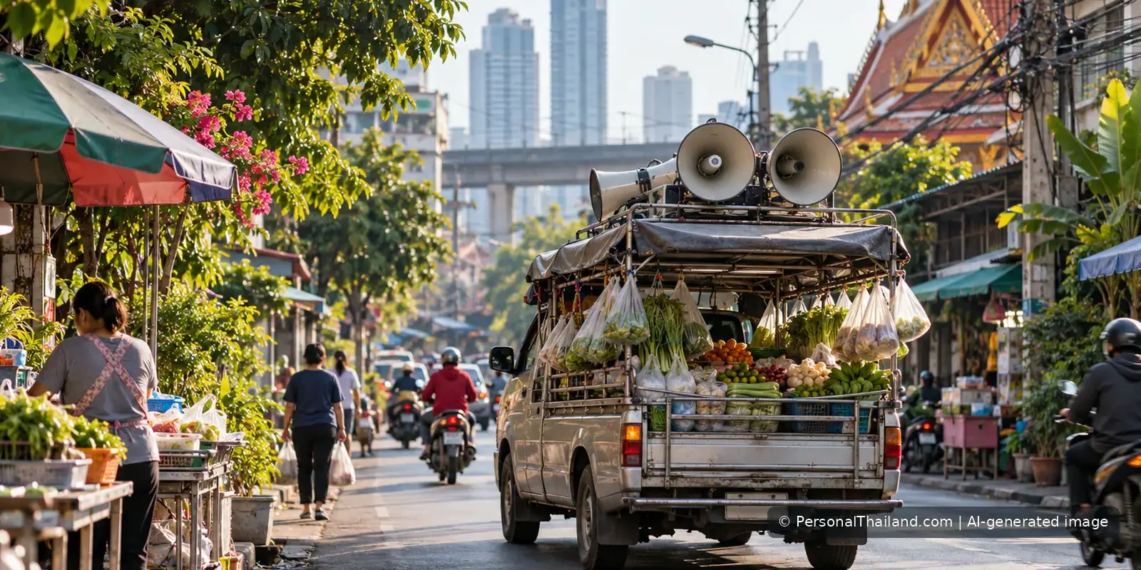 Loudspeaker-equipped produce delivery truck on a Bangkok morning street