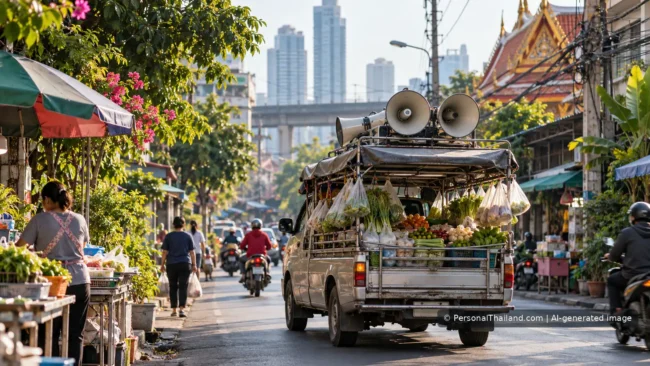 Morning Noise in Bangkok: Vendors, Loudspeakers and Everyday Life (illustration) Loudspeaker-equipped produce delivery truck on a Bangkok morning street