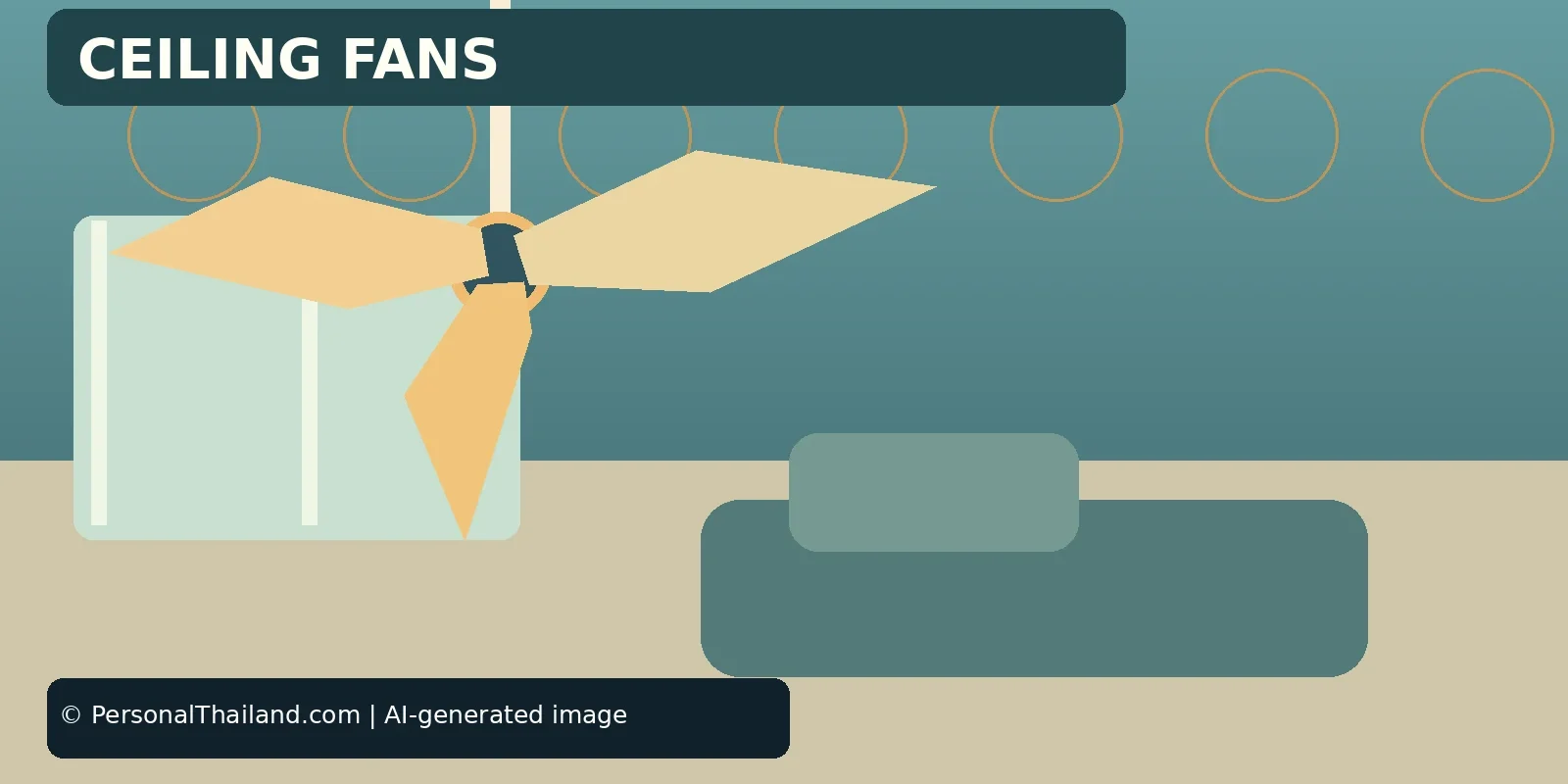 AI-created illustration of a ceiling fan above a room with a sofa and a window, under the heading 'Ceiling Fans'