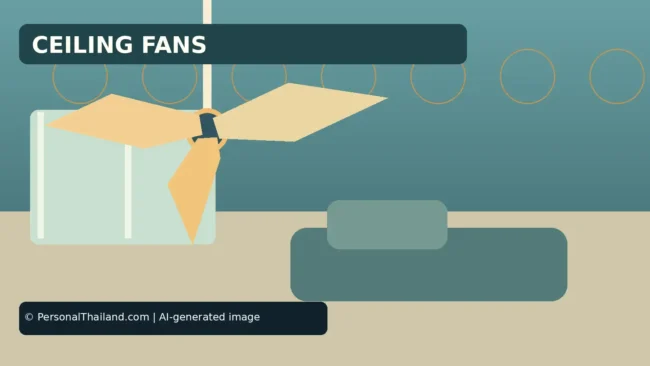 Ceiling Fans in Thailand: Buying, Installation and Everyday Comfort (illustration) AI-created illustration of a ceiling fan above a room with a sofa and a window, under the heading 'Ceiling Fans'
