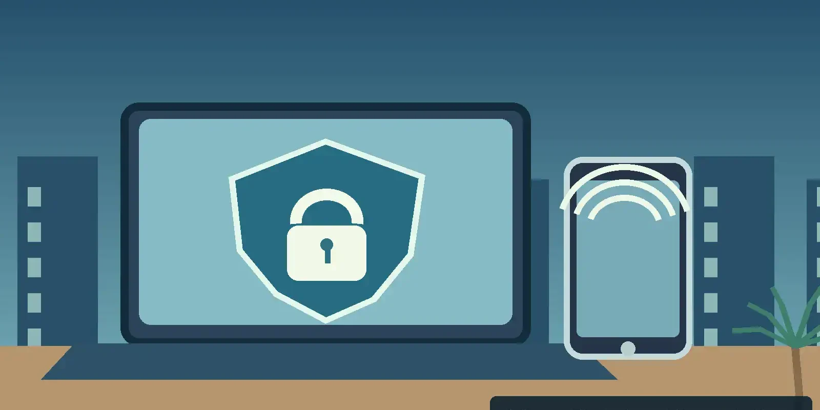 Internet Safety in Thailand: Public Wi-Fi, Phishing and Device Security (illustration) Laptop and smartphone on a Thai café desk with a secure Wi-Fi shield and digital privacy symbols; AI-assisted editorial illustration