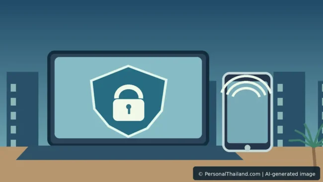 Laptop and smartphone on a Thai café desk with a secure Wi-Fi shield and digital privacy symbols; AI-assisted editorial illustration