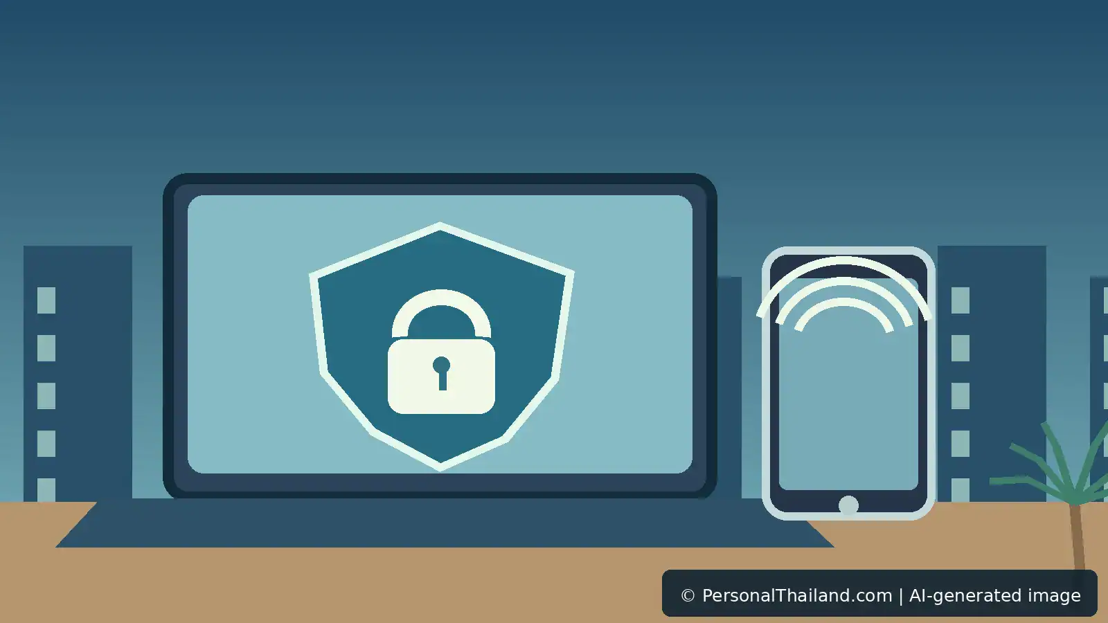 Internet Safety in Thailand: Public Wi-Fi, Phishing and Device Security (illustration) Laptop and smartphone on a Thai café desk with a secure Wi-Fi shield and digital privacy symbols; AI-assisted editorial illustration