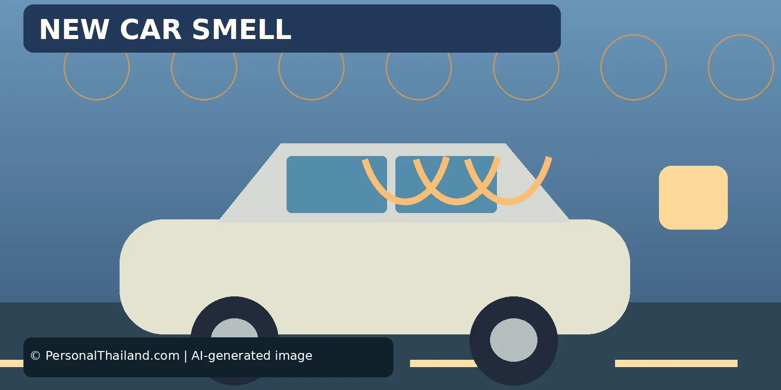 AI-created illustration of a white car with wavy lines rising inside the cabin, under the heading 'New Car Smell'