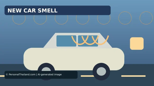 AI-created illustration of a white car with wavy lines rising inside the cabin, under the heading 'New Car Smell'