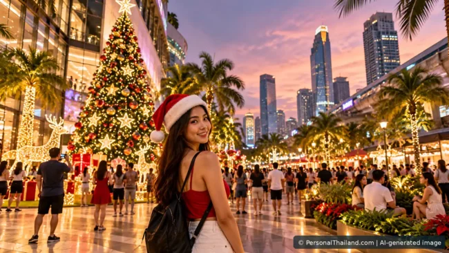 Christmas in Thailand: Celebrating the Holidays Far From Home (illustration) Festive Christmas tree and palm trees at a brightly illuminated Bangkok shopping plaza, AI-generated