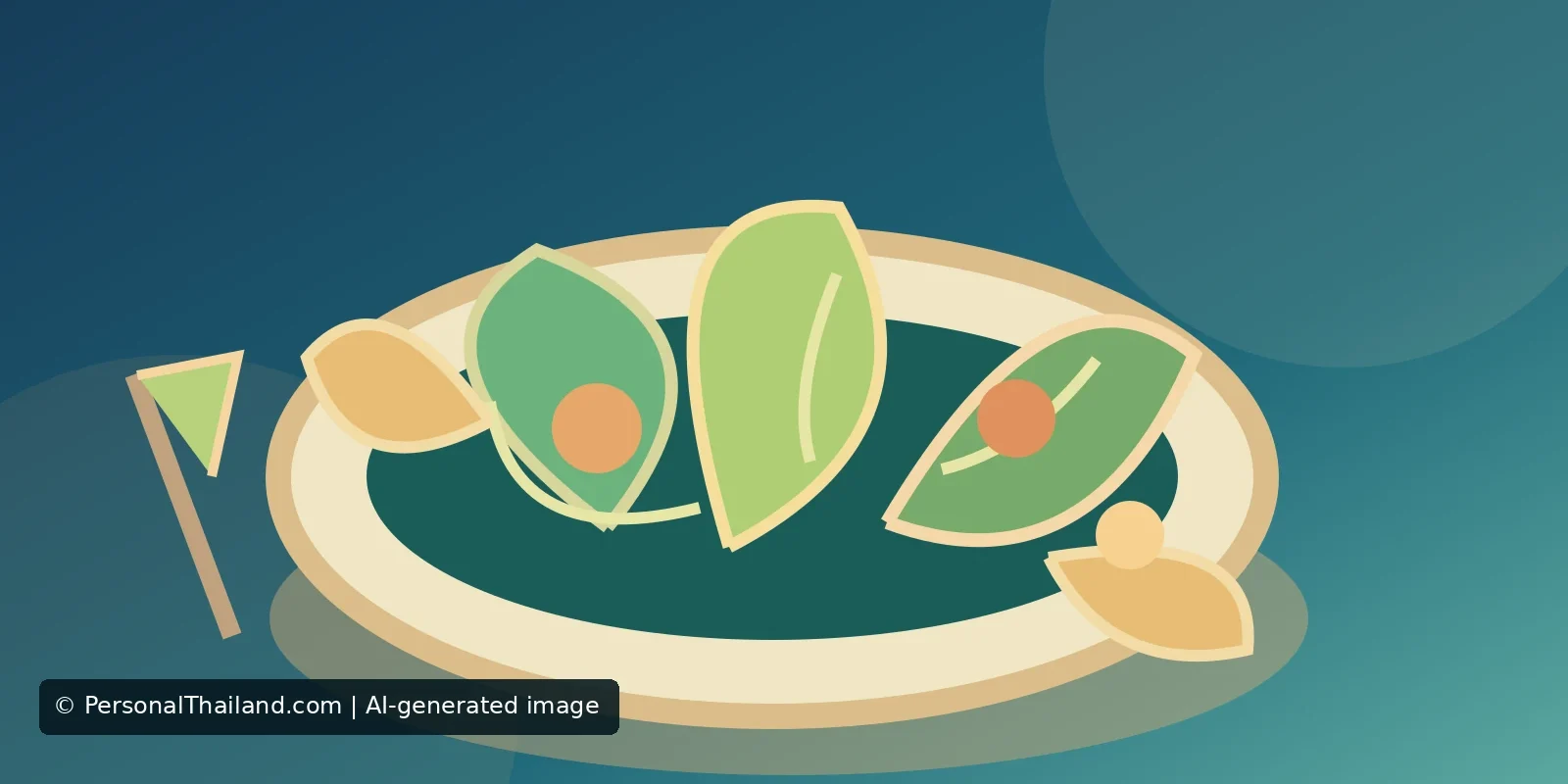 Eating More Vegetables in Thailand: Local Greens and Food-Safety Tips (illustration) AI-created illustration of a plate of fresh leafy greens and herbs, a stylised drawing rather than a photograph of a particular dish