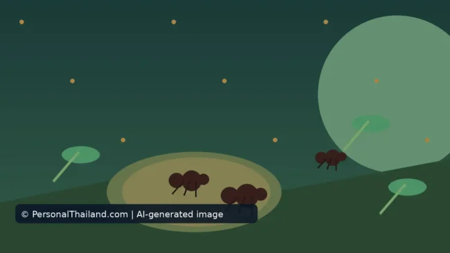 AI-created illustration of dark ants on a sandy nest mound in green grass, with a few leaves