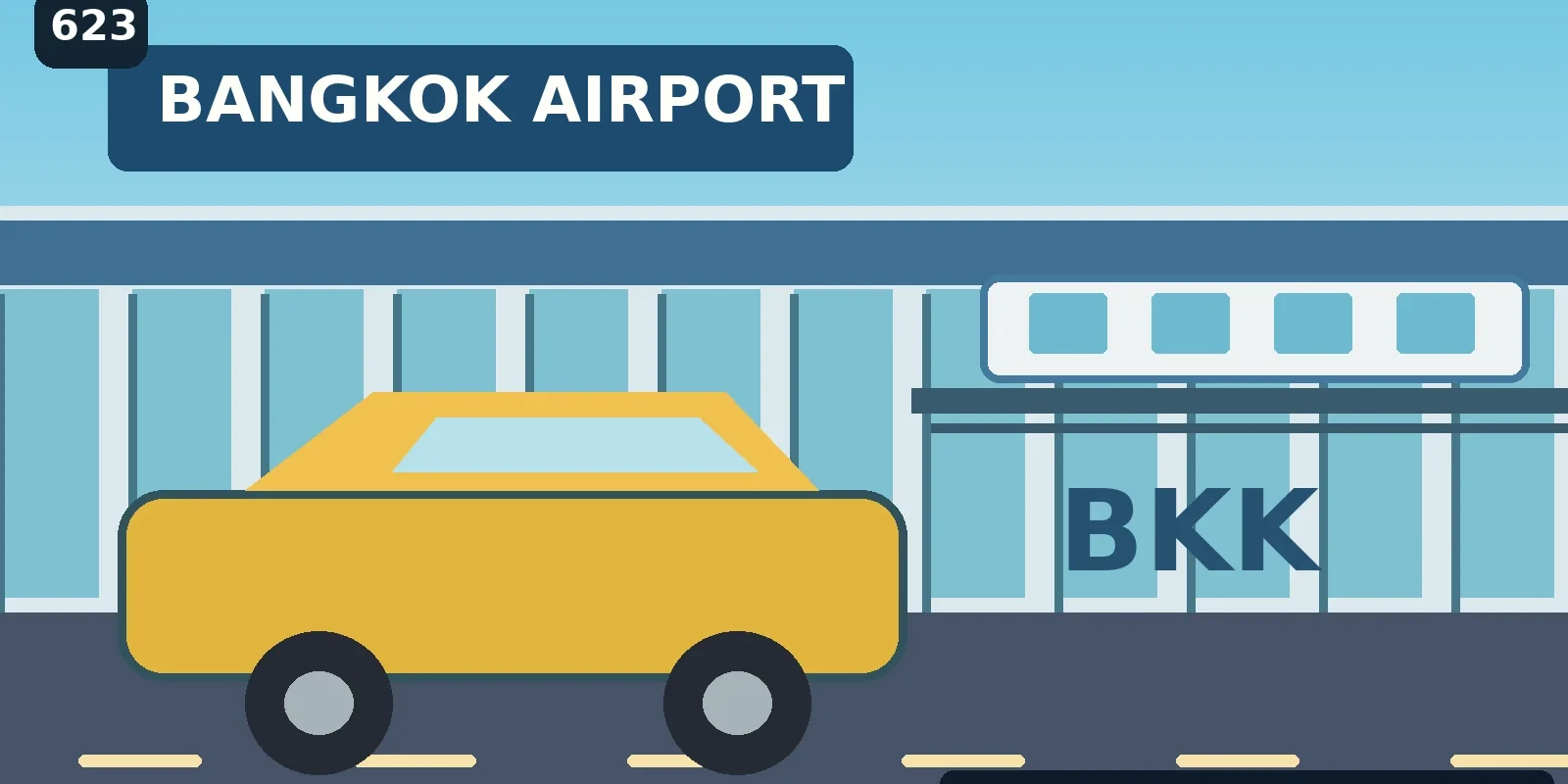 Suvarnabhumi Airport Arrival Guide: Rail Link, Taxis and Transfers (illustration) AI-generated illustration of Bangkok Suvarnabhumi Airport transport with rail, taxis and airport terminal