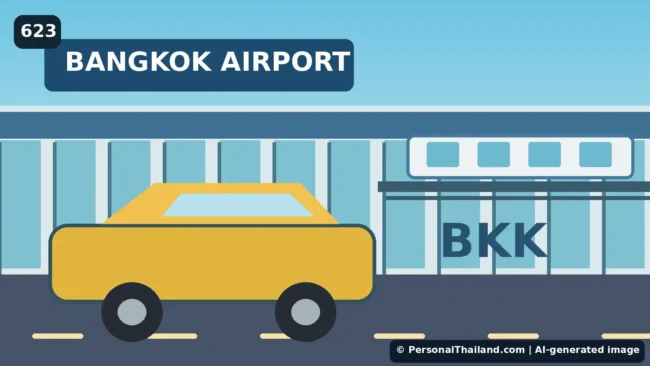 AI-generated illustration of Bangkok Suvarnabhumi Airport transport with rail, taxis and airport terminal
