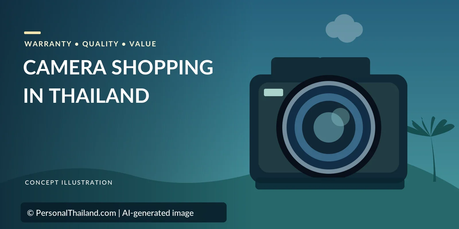 AI-created illustration of a large camera beside a small palm tree on green hills, with the heading 'Camera Shopping in Thailand'