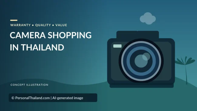 AI-created illustration of a large camera beside a small palm tree on green hills, with the heading 'Camera Shopping in Thailand'