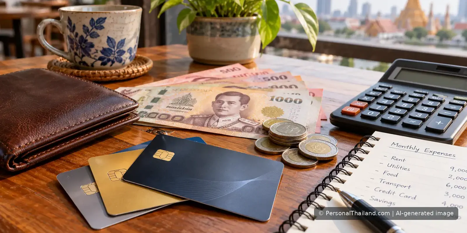Credit Cards in Thailand: Responsible Borrowing and Debt Management (illustration) Generic credit cards, Thai currency, calculator and household budget notebook