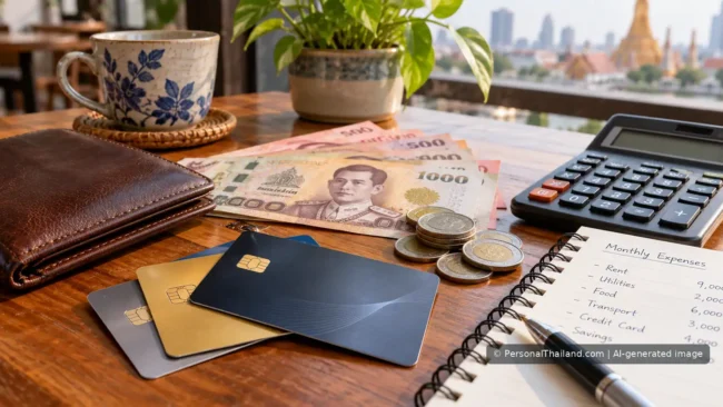 Generic credit cards, Thai currency, calculator and household budget notebook