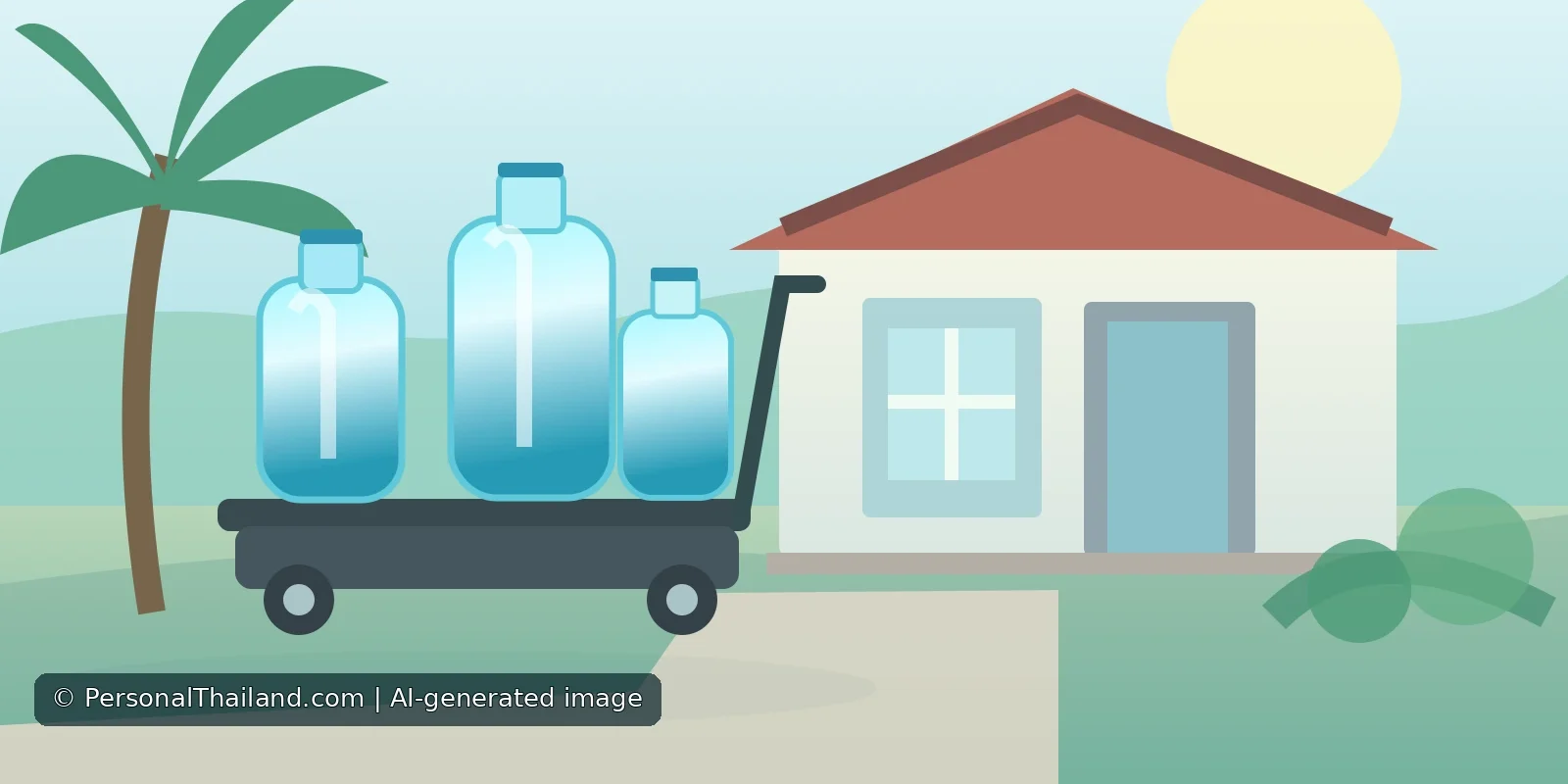Ordering Drinking Water in Thailand: Home Delivery and Safety (illustration) AI-generated vector illustration of clean refillable water containers delivered to a modern Thai home, not a named water company