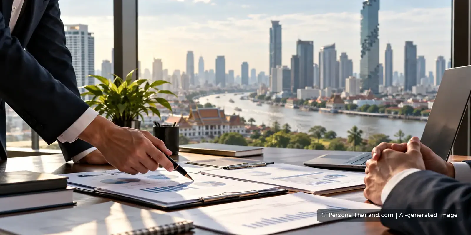 Business meeting and financial documents in a Bangkok office