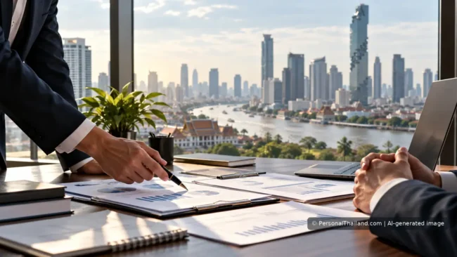 Business meeting and financial documents in a Bangkok office