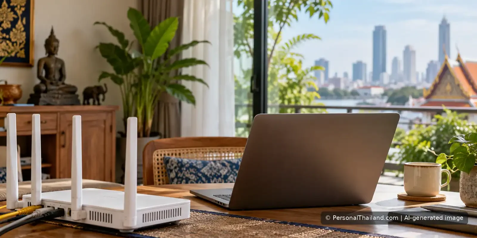 Home Wi-Fi router and laptop on a desk in a Thailand apartment