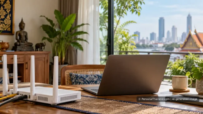 Home Wi-Fi router and laptop on a desk in a Thailand apartment