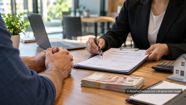 Loan application consultation with paperwork and Thai currency