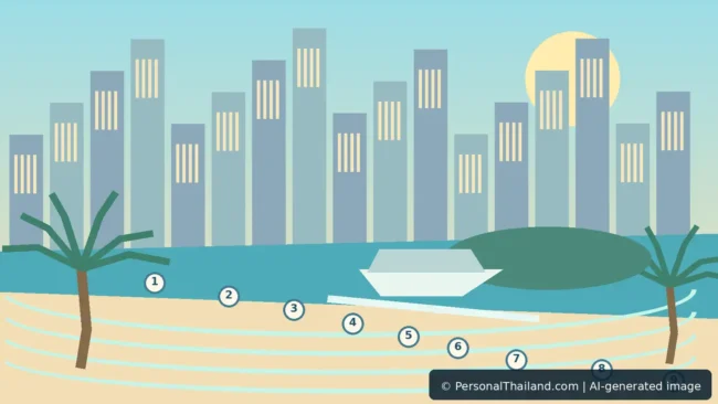 Illustrated Pattaya coastline showing beachfront buildings, golden sand, island ferry and nine coastal location markers; AI-assisted editorial illustration