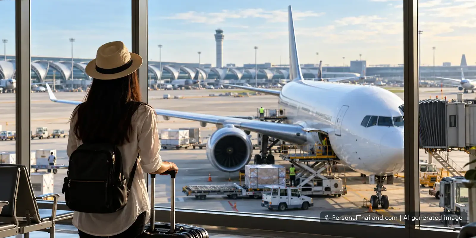 Travelling from Thailand to Australia: Visas, Flights and City Ideas (illustration) Passenger with suitcase looking at an airplane at a Thai airport