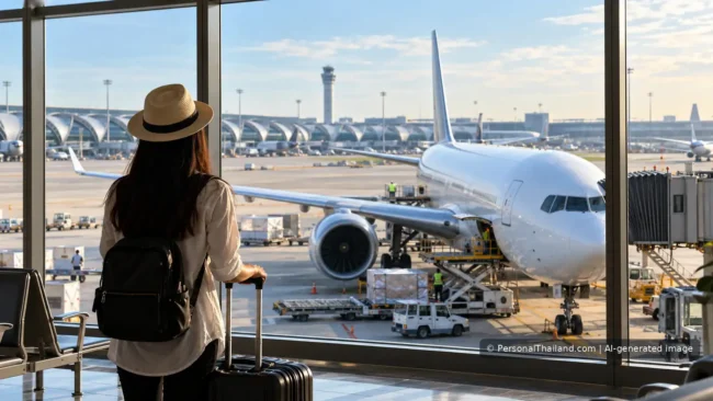 Passenger with suitcase looking at an airplane at a Thai airport