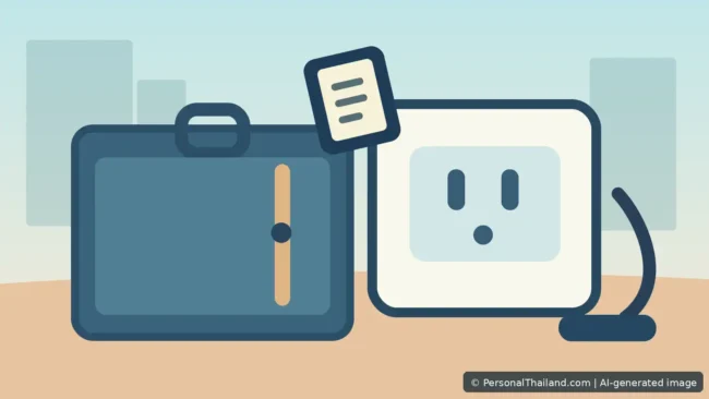 Illustration of travel power adapters, charging cables and a suitcase in a Thai hotel room, AI-generated