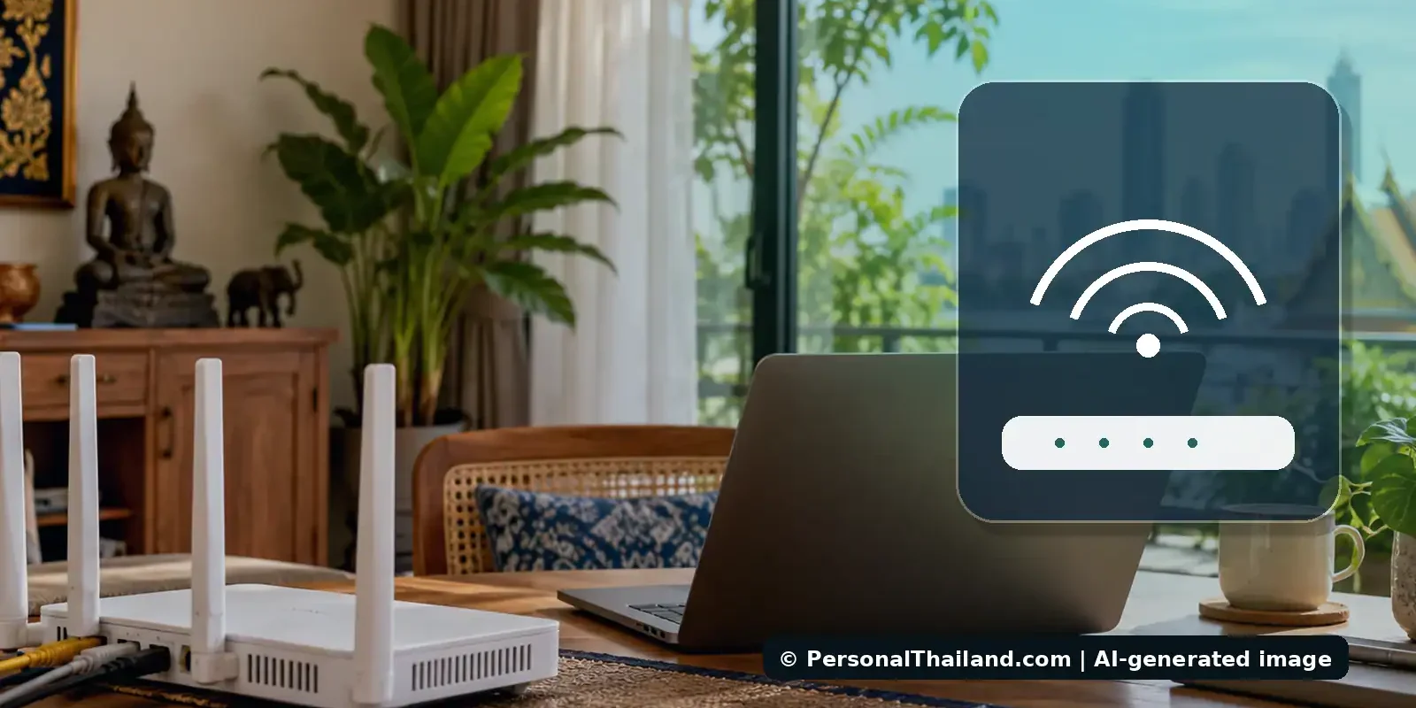 ADSL Modem Problems in Thailand: Troubleshooting Routers After a Power Cut (illustration) Wi-Fi router and laptop in a Thai home, illustrating internet troubleshooting after a power cut