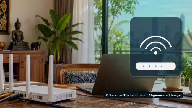 Wi-Fi router and laptop in a Thai home, illustrating internet troubleshooting after a power cut