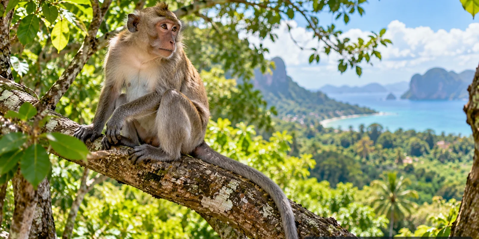 Long-tailed macaque looking out from a leafy tropical forest canopy in Thailand, stylised AI-assisted editorial artwork