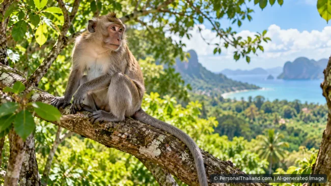 Long-tailed macaque looking out from a leafy tropical forest canopy in Thailand, stylised AI-assisted editorial artwork