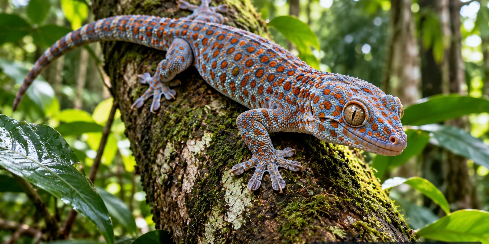 Seven Lizards Found in Thailand: Geckos, Monitors and Garden Species (illustration) Detailed illustration of a spotted tokay gecko on a tropical branch surrounded by rainforest foliage