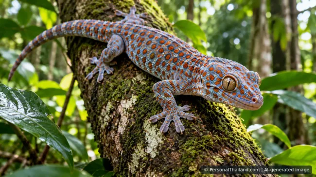 Detailed illustration of a spotted tokay gecko on a tropical branch surrounded by rainforest foliage