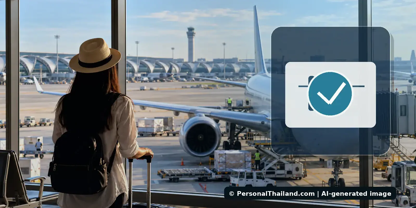 Thai Airways Bookings: How to Confirm Tickets, Seats and Payment (illustration) Air traveller at a Thailand airport with booking confirmation concept artwork