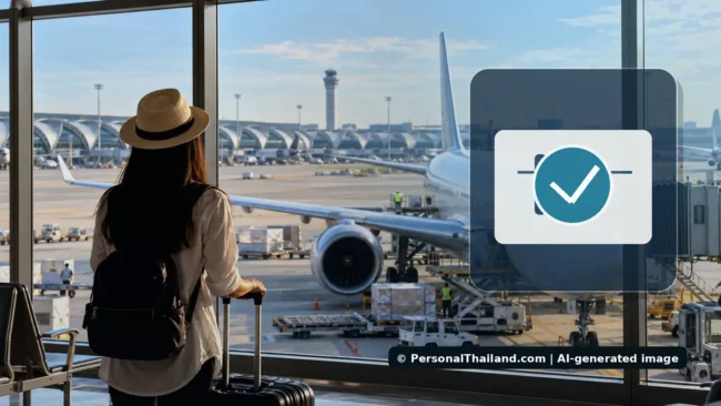 Air traveller at a Thailand airport with booking confirmation concept artwork