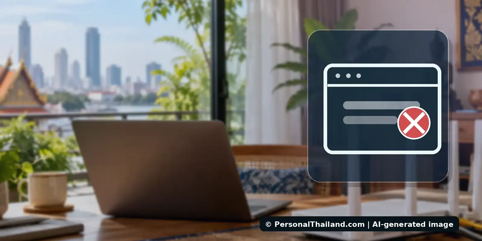 YouTube in Thailand: The 2007 Block and What Website Access Means Today (illustration) Laptop and generic blocked website window in Thailand, illustrating online access restrictions