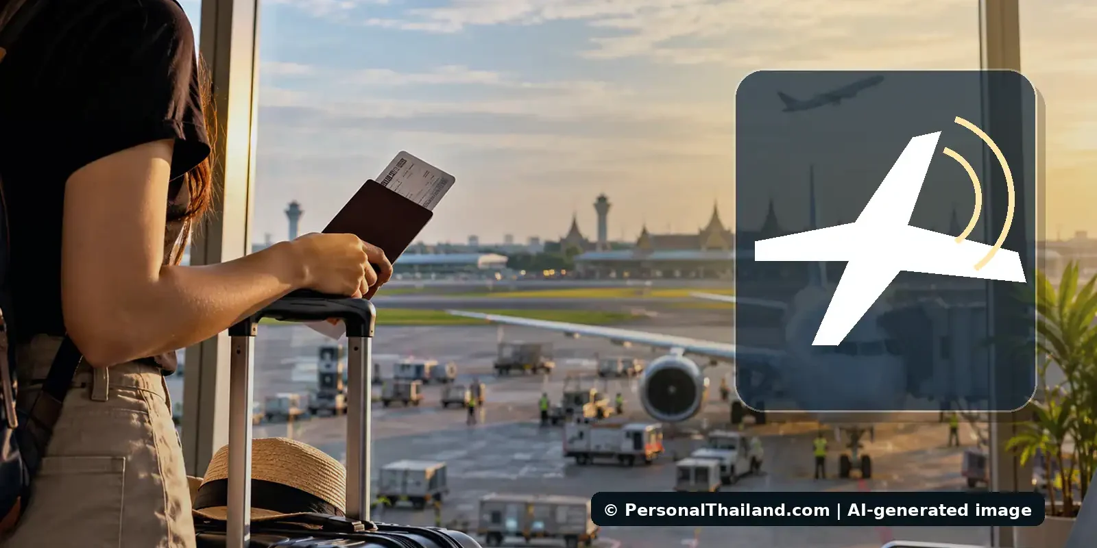 Commercial aircraft at an airport in Thailand with illustrative sound waves to indicate aircraft noise