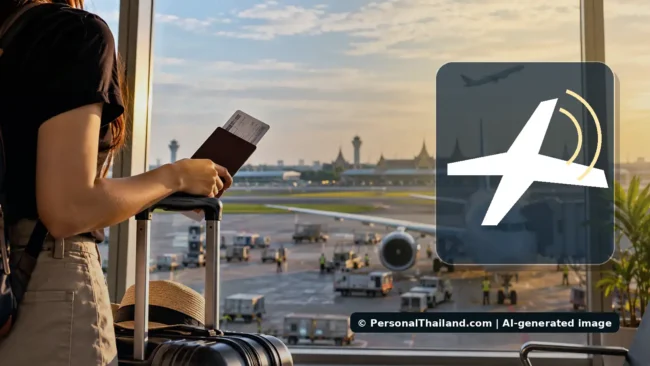 Commercial aircraft at an airport in Thailand with illustrative sound waves to indicate aircraft noise
