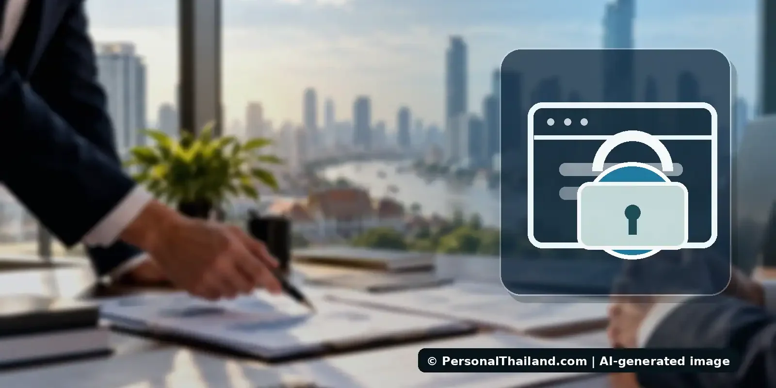 When a Website Seems Blocked in Thailand: How to Check What Happened (illustration) Laptop by the Chao Phraya River with website and security imagery illustrating connection problems