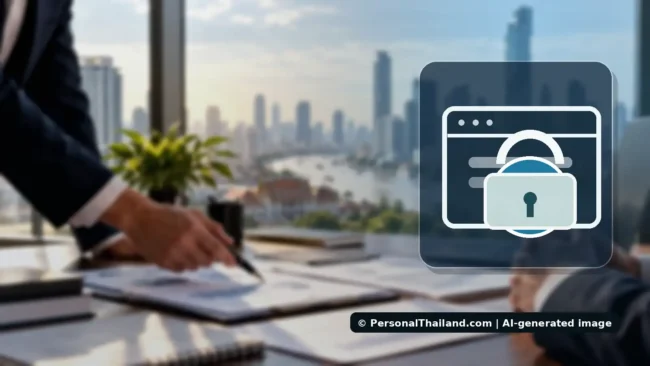 Laptop by the Chao Phraya River with website and security imagery illustrating connection problems