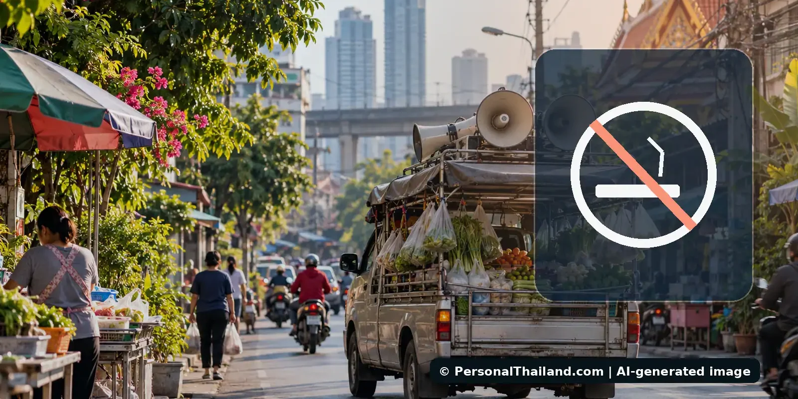 Smoking Rules in Thailand’s Bars and Nightclubs: What Visitors Should Know (illustration) Bangkok street scene with no-smoking symbol illustrating smoking restrictions in nightlife venues
