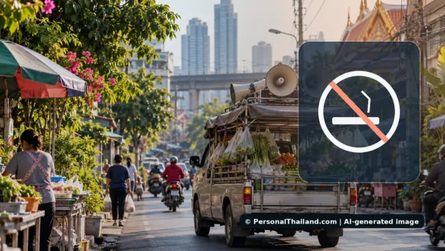 Smoking Rules in Thailand’s Bars and Nightclubs: What Visitors Should Know (illustration) Bangkok street scene with no-smoking symbol illustrating smoking restrictions in nightlife venues